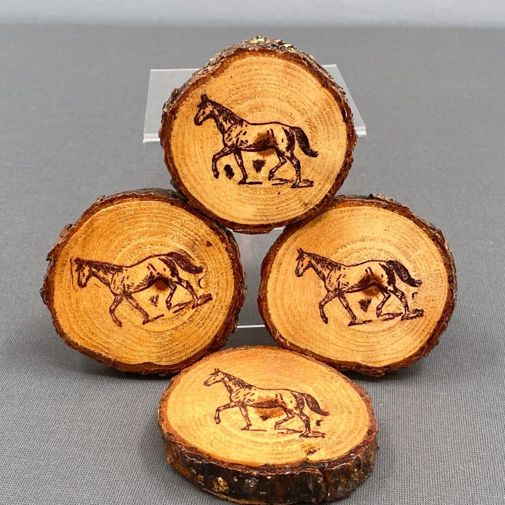 VTG Wood Slice Coaster Set Horse Burned Rustic Cabin Decor Log Round Set 4 Ranch